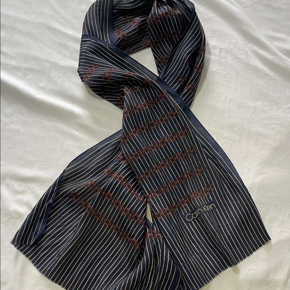 Calvin Klein Navy and Brown Striped Scarf